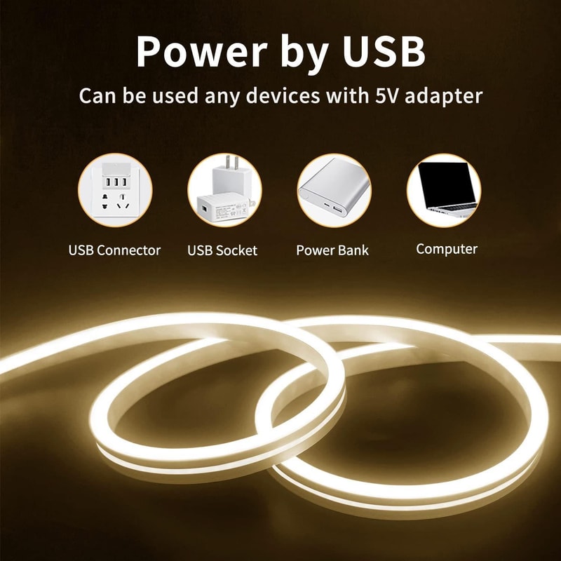 USB Powered Flexible Neon LED Light Strip 2m Waterproof Silicone Ambient Lighting 5
