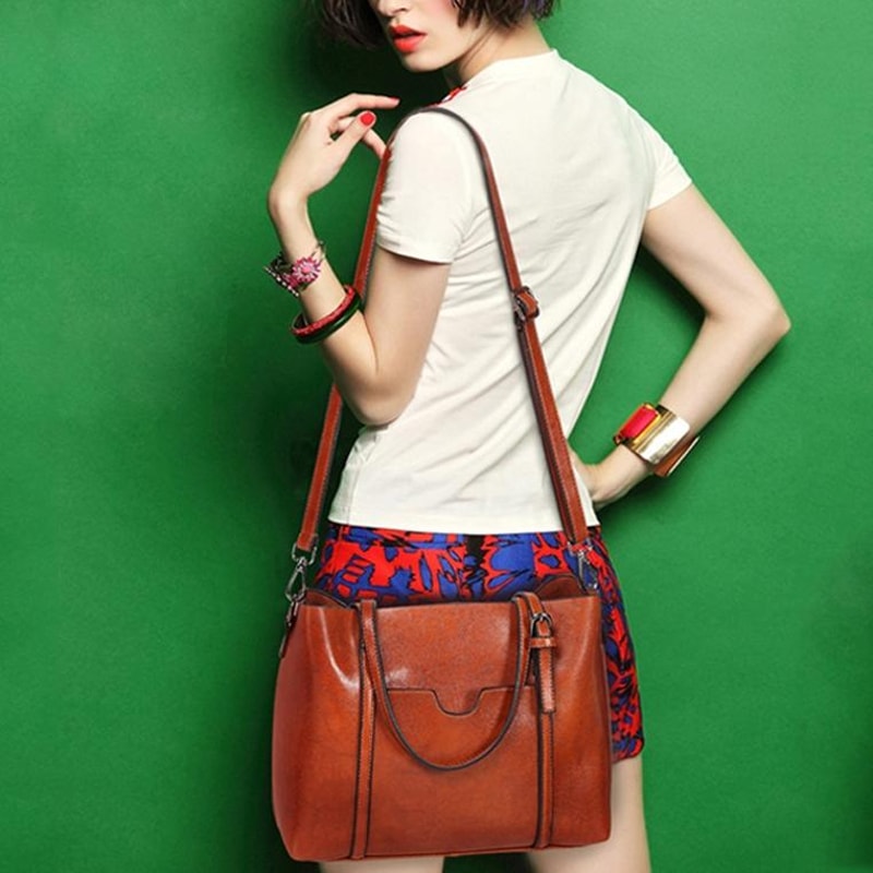 Vintage Oil Wax Leather Tote Handbag For Women Large Capacity Shoulder Bag 5