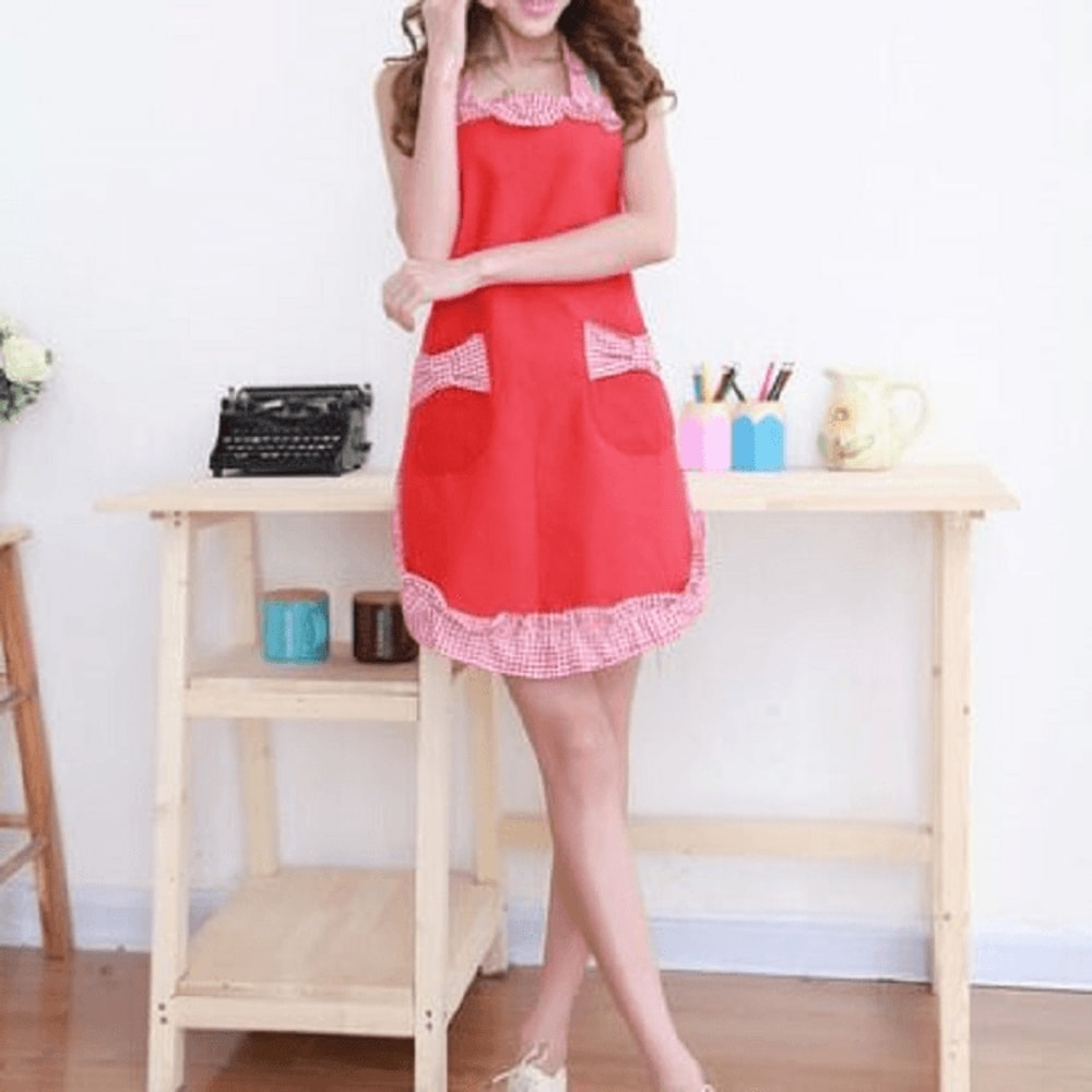 Elegant Sleeveless Apron With Lace Bow Pocket For Cooking Baking Kitchen Wear 7