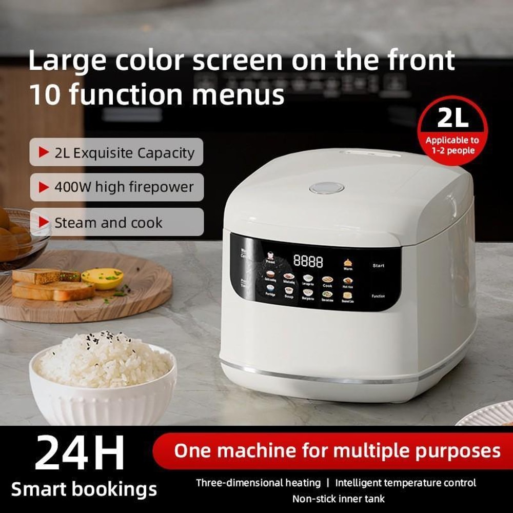 Smart 2L Electric Rice Cooker with Color Screen, 10 Preset Menus & 24H Timer