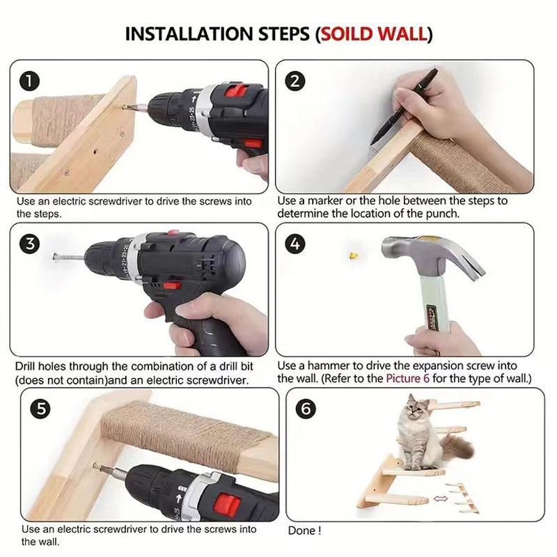 Wall Mounted Cat Climbing Wall With Sisal Steps MultiLevel Wooden Cat Shelves 4