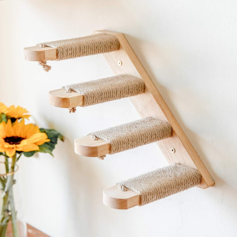 Wall Mounted Cat Climbing Wall With Sisal Steps MultiLevel Wooden Cat Shelves 1