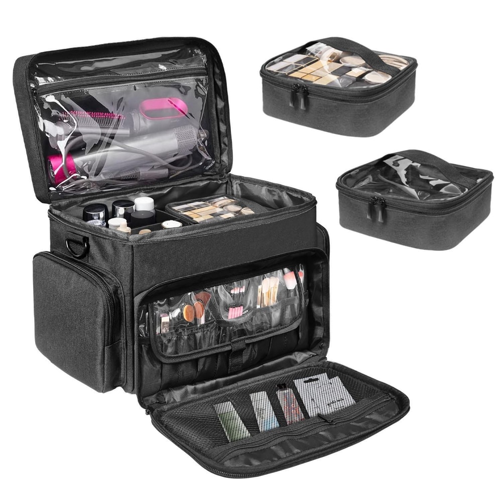 Large Travel Makeup Bag with Removable Dividers & Clear Organizer Pockets