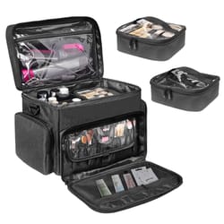 large travel makeup bag with removable dividers & clear organizer pockets