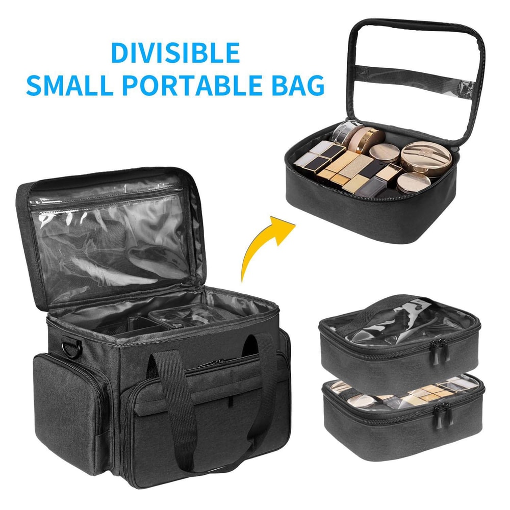 Large Travel Makeup Bag with Removable Dividers & Clear Organizer Pockets