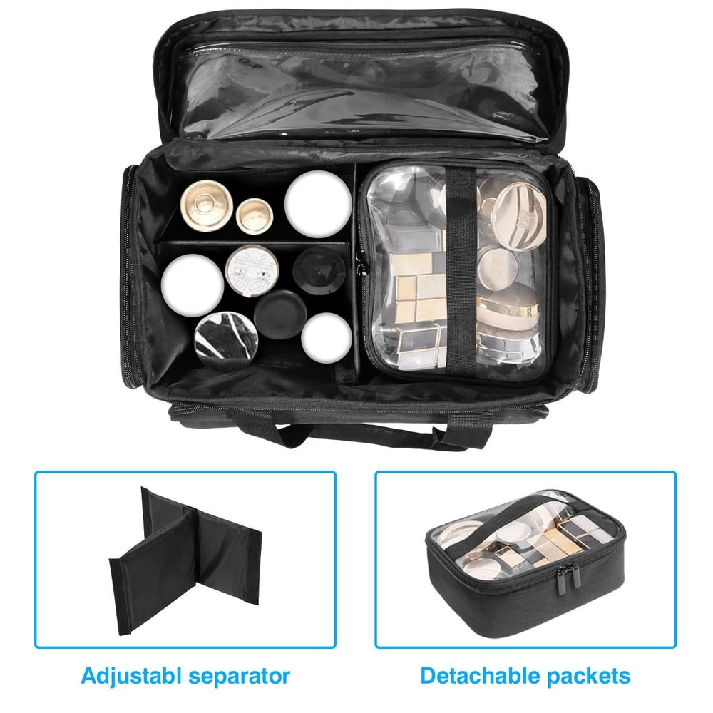 Large Travel Makeup Bag with Removable Dividers & Clear Organizer Pockets