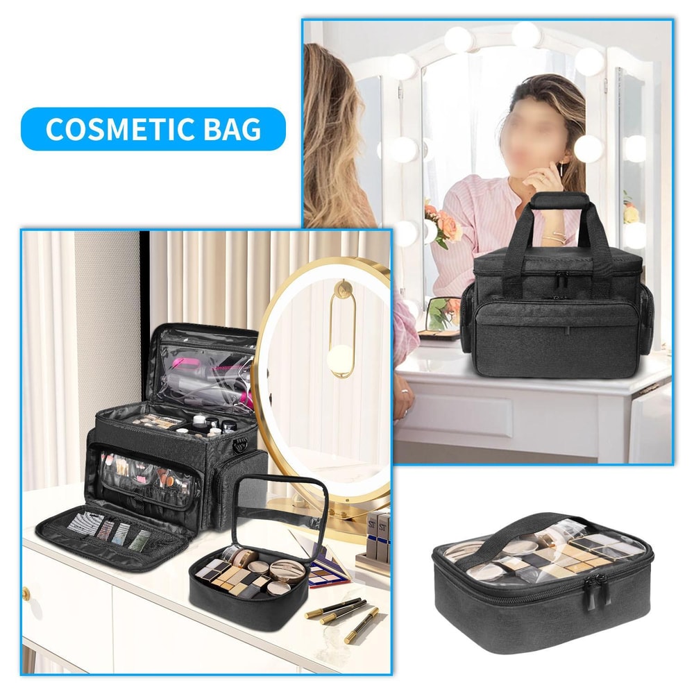 Large Travel Makeup Bag with Removable Dividers & Clear Organizer Pockets