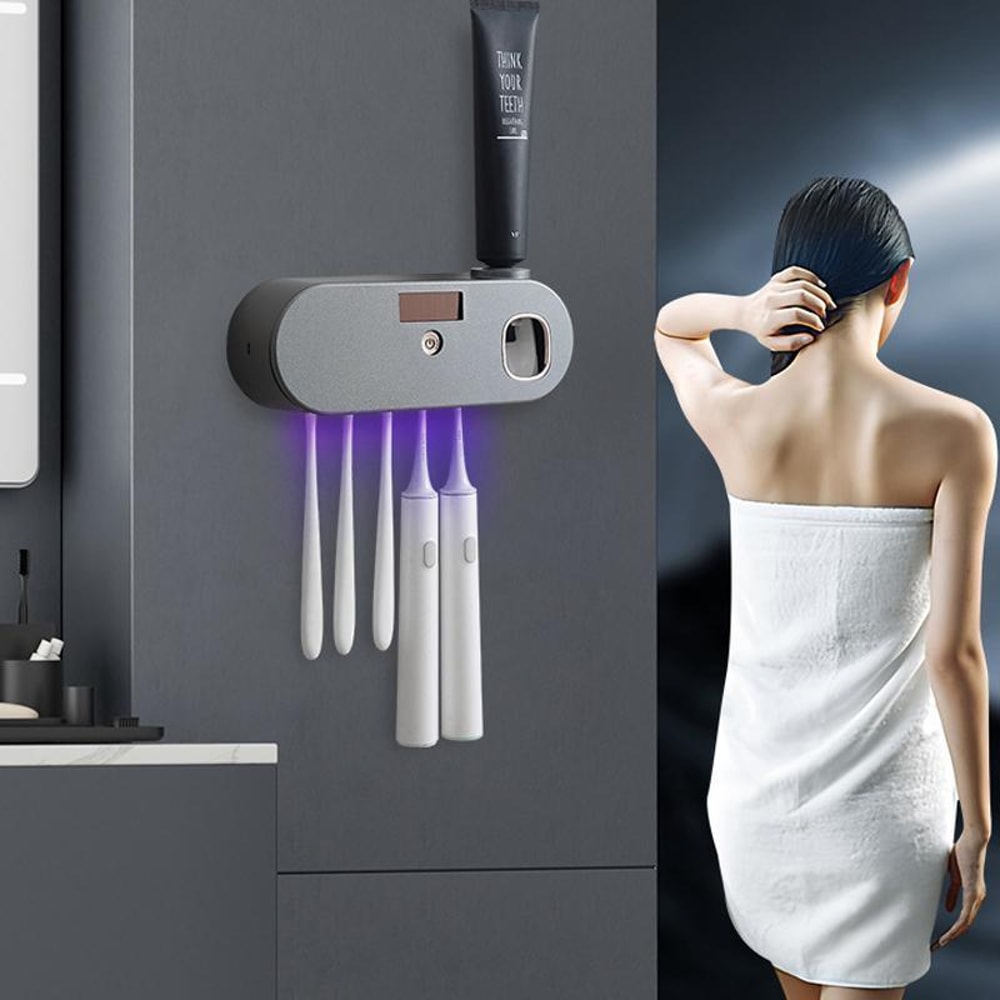 Smart UV Toothbrush Sanitizer Wall Mounted Holder with Automatic Toothpaste Dispenser