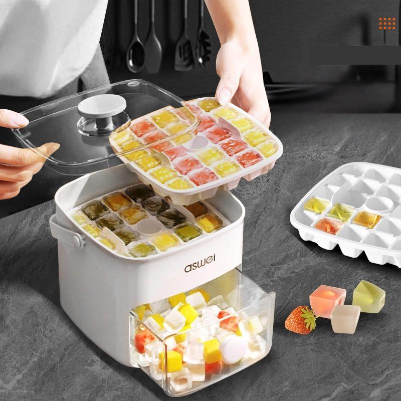Double Layer Ice Cube Tray with Lid and Bin Easy Push Release Ice Maker