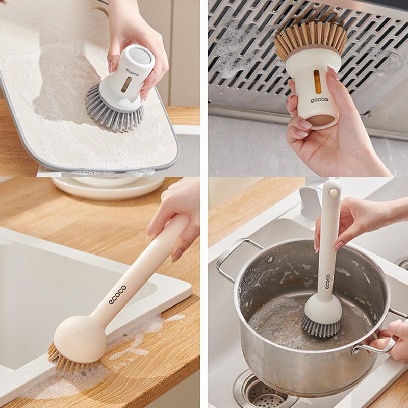 2PCS Dishwashing Brush With Soap Dispenser Rotating Long Handle For Pots And Pans 5