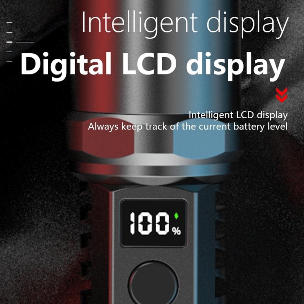 Rechargeable LED Flashlight with LCD Power Display & Zoom Focus
