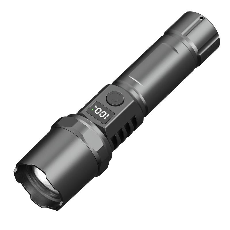 Rechargeable LED Flashlight with LCD Power Display & Zoom Focus
