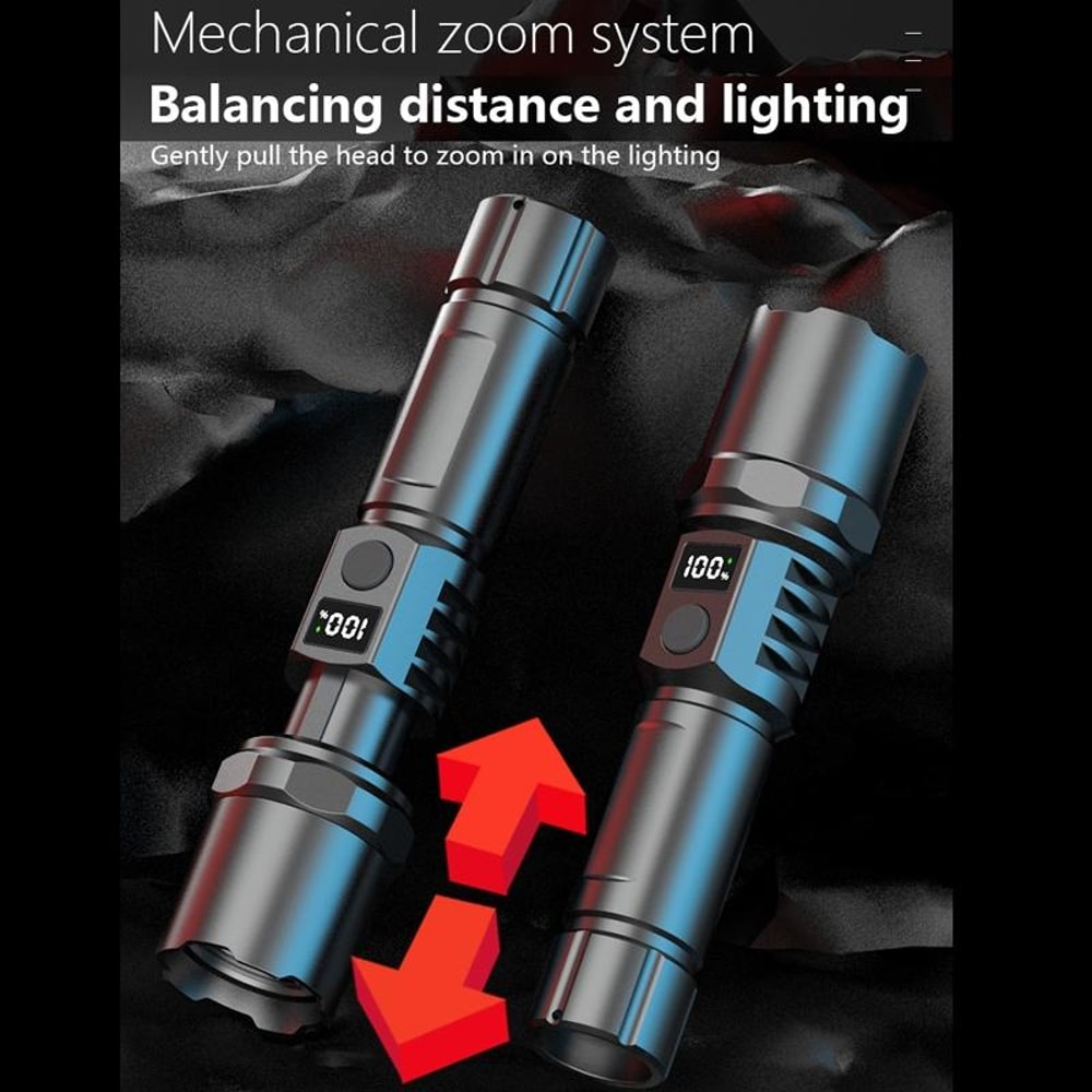 Rechargeable LED Flashlight with LCD Power Display & Zoom Focus
