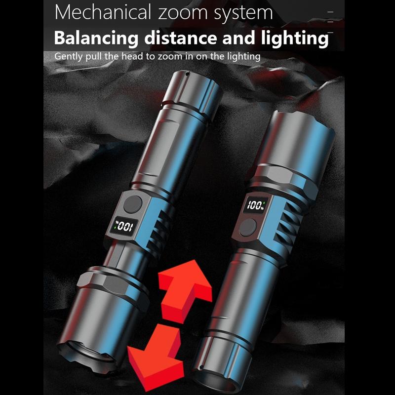 Rechargeable LED Flashlight with LCD Power Display & Zoom Focus