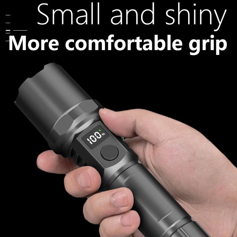 Rechargeable LED Flashlight with LCD Power Display & Zoom Focus
