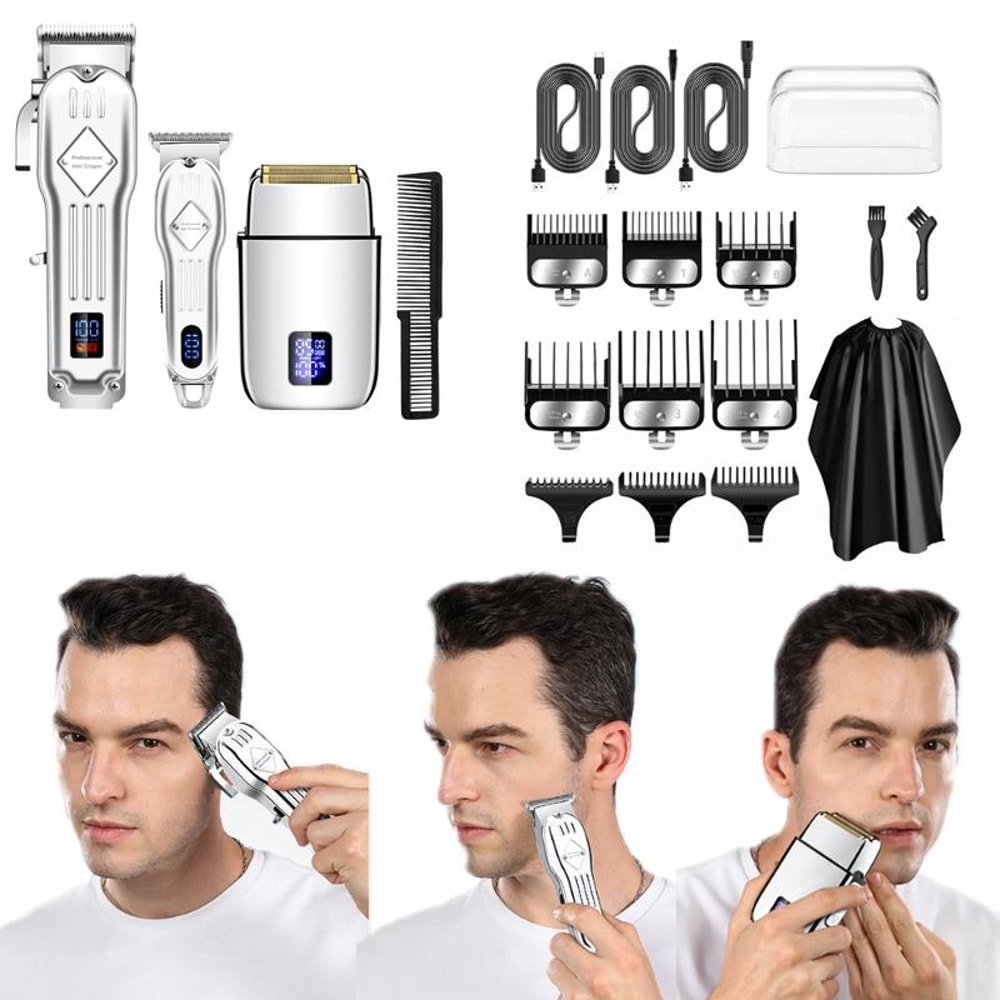 Professional Hair Clipper Set for Men with Rechargeable Trimmer & Electric Shaver Kit
