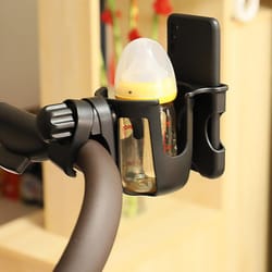 universal adjustable stroller cup & phone holder accessory with bottle rack