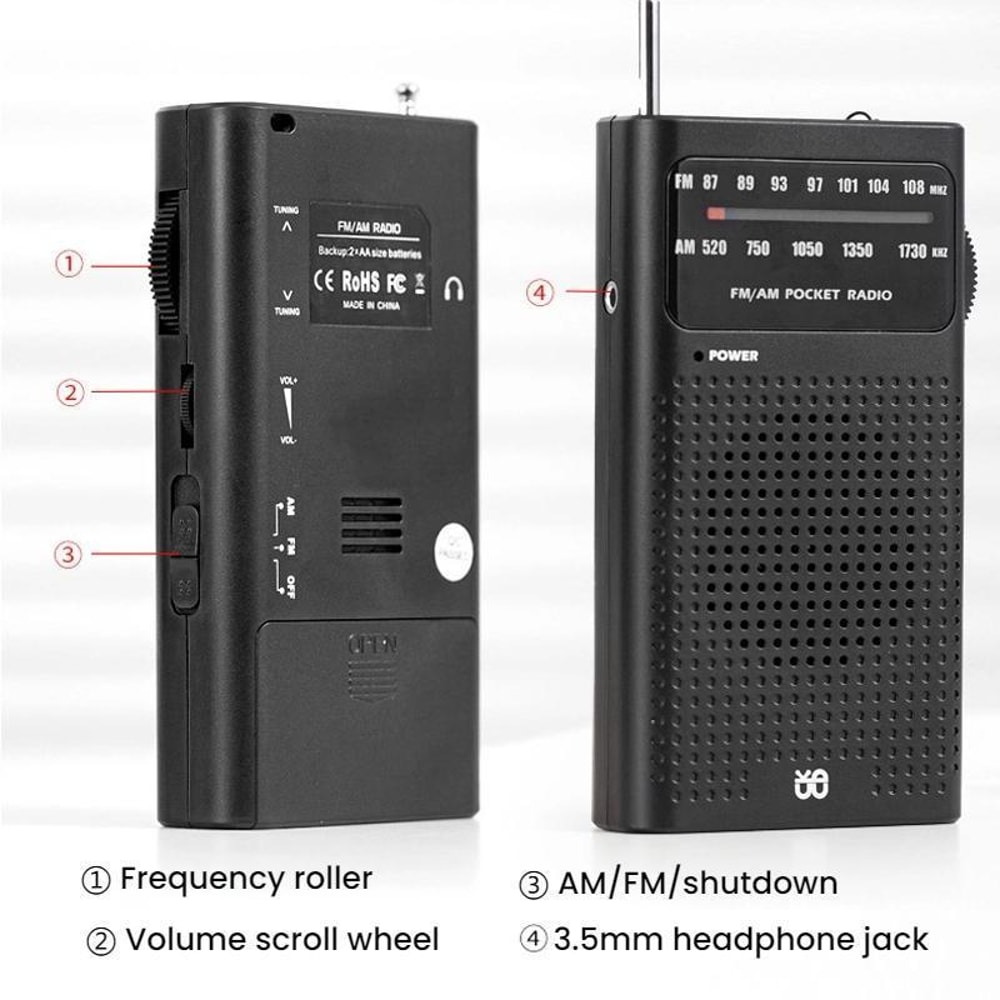 Portable AM FM Radio Pocket Receiver with Built-In Speaker and Headphone Jack