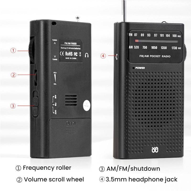 Portable AM FM Radio Pocket Receiver with Built-In Speaker and Headphone Jack