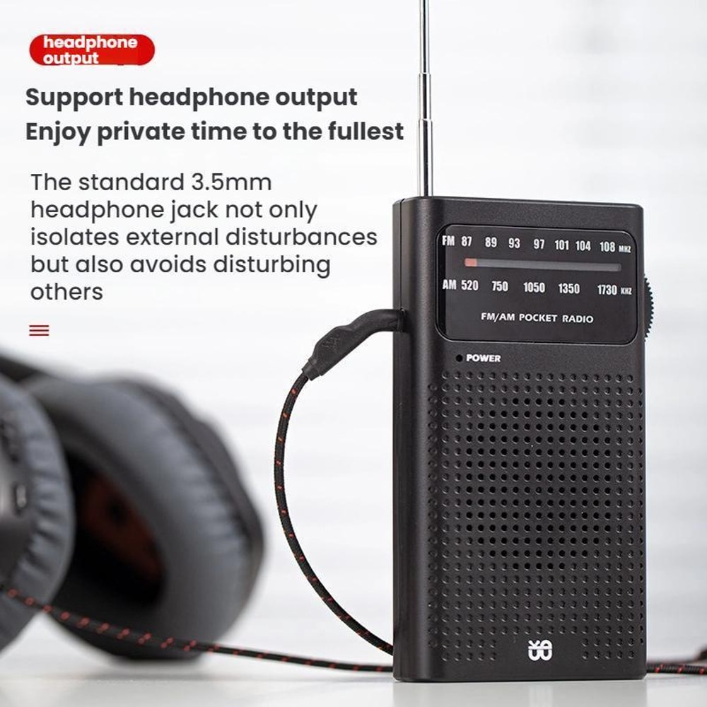 Portable AM FM Radio Pocket Receiver with Built-In Speaker and Headphone Jack