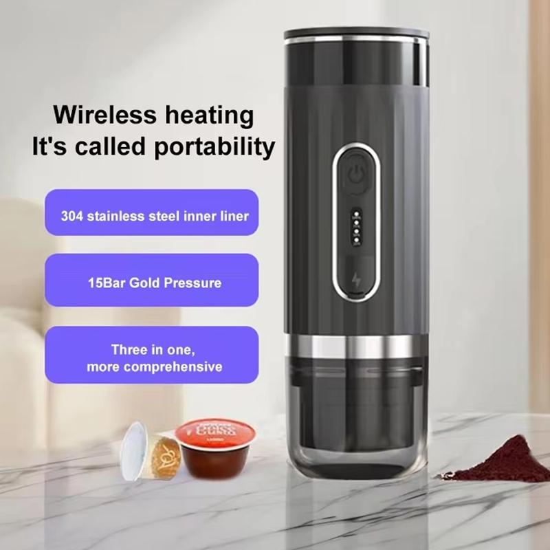 3-in-1 Portable Espresso Maker with Wireless Heating for Capsules & Ground Coffee