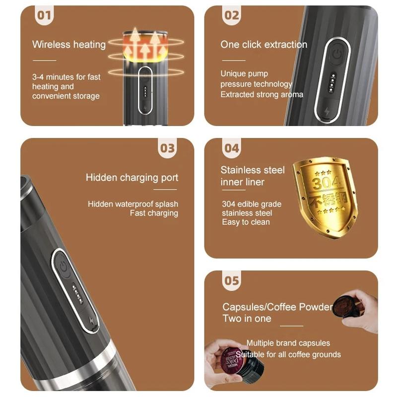 3-in-1 Portable Espresso Maker with Wireless Heating for Capsules & Ground Coffee