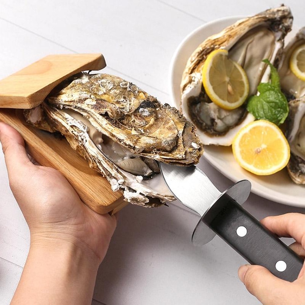 Premium Oyster Shucking Knife with Wooden Stand Stainless Steel Seafood Shell Opener