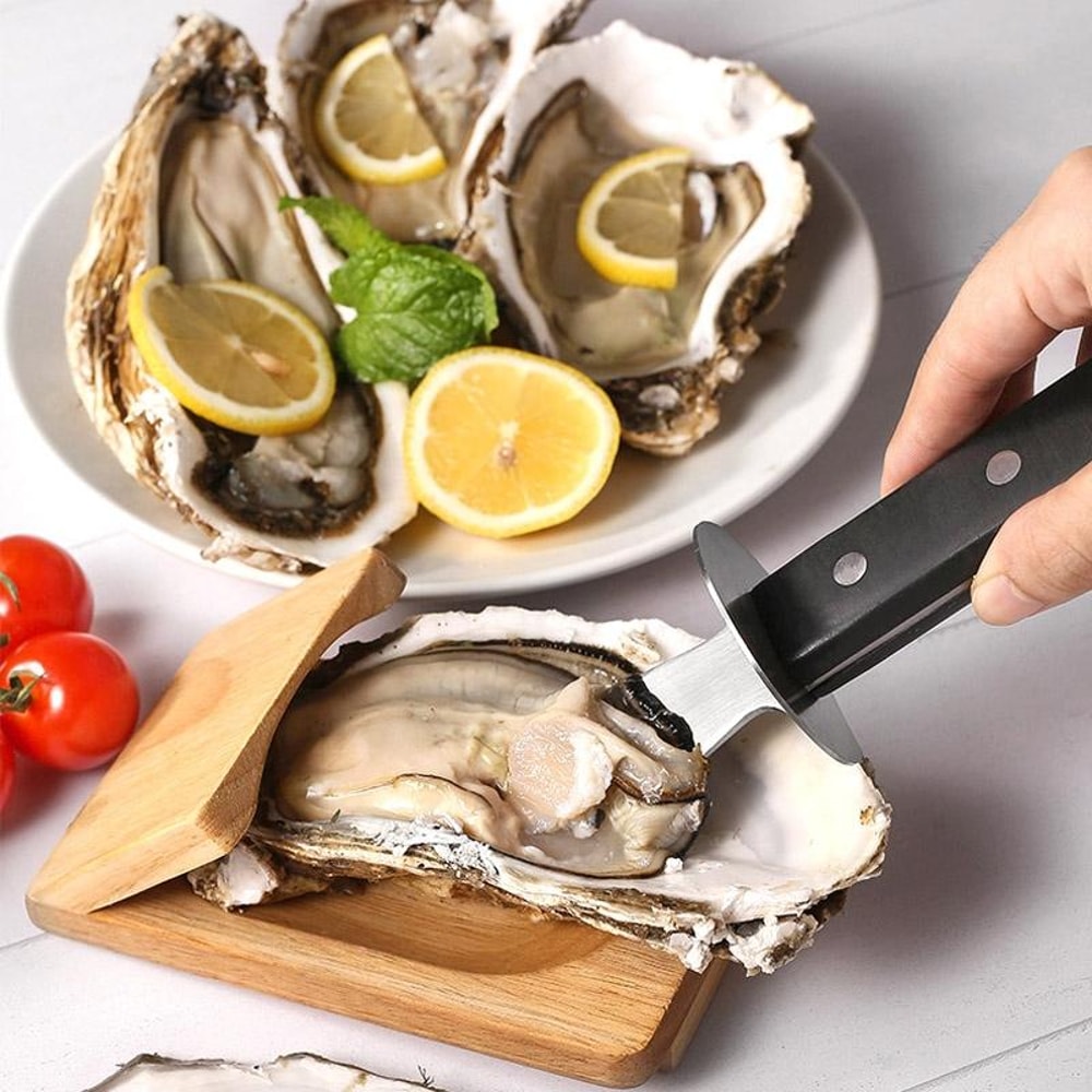 Premium Oyster Shucking Knife with Wooden Stand Stainless Steel Seafood Shell Opener