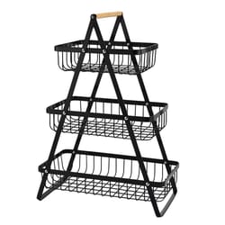 3-tier fruit basket organizer with wooden handle for kitchen counter storage