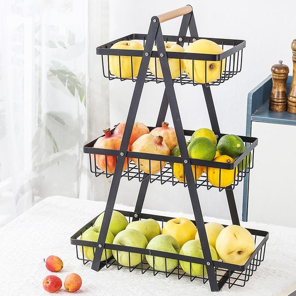 3-Tier Fruit Basket Organizer with Wooden Handle for Kitchen Counter Storage