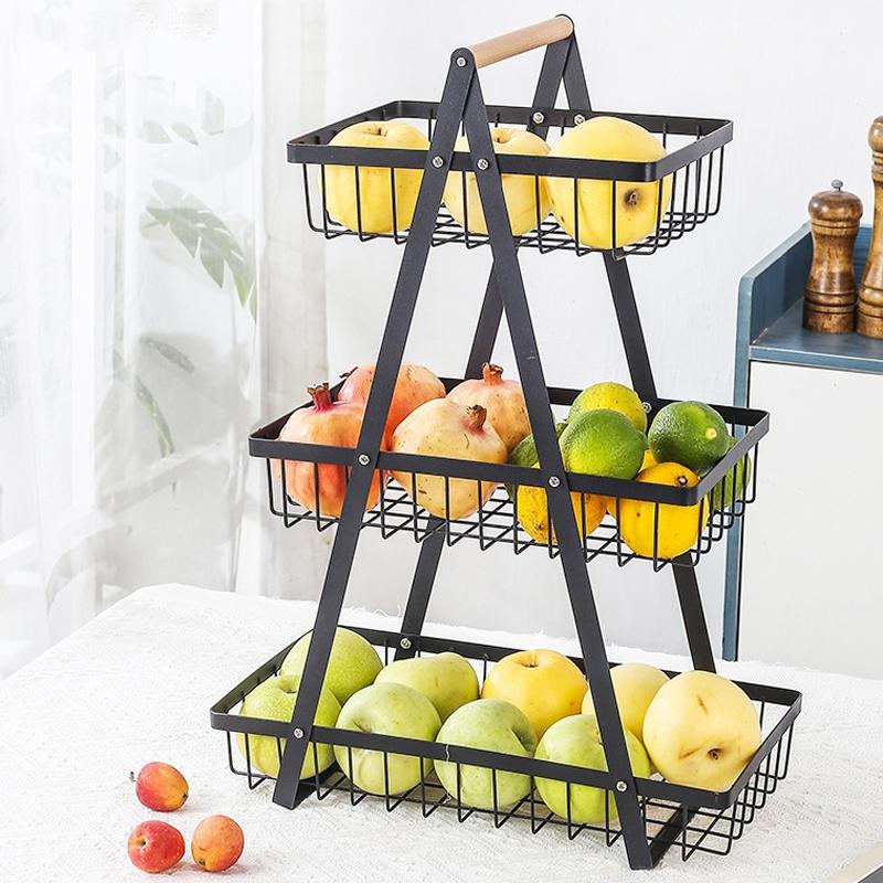 3-Tier Fruit Basket Organizer with Wooden Handle for Kitchen Counter Storage