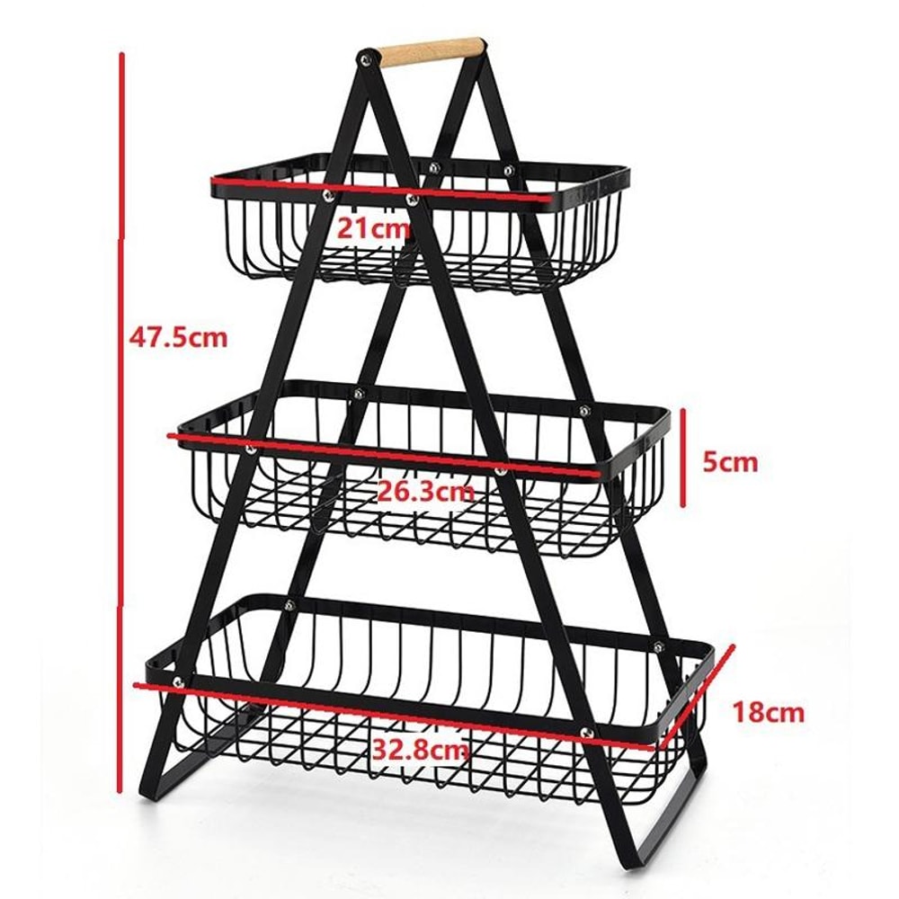 3-Tier Fruit Basket Organizer with Wooden Handle for Kitchen Counter Storage