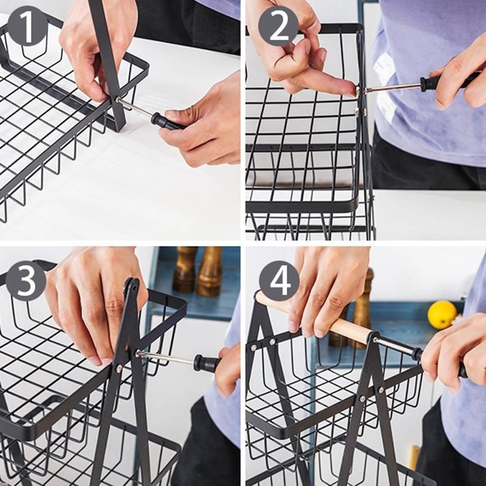 3-Tier Fruit Basket Organizer with Wooden Handle for Kitchen Counter Storage