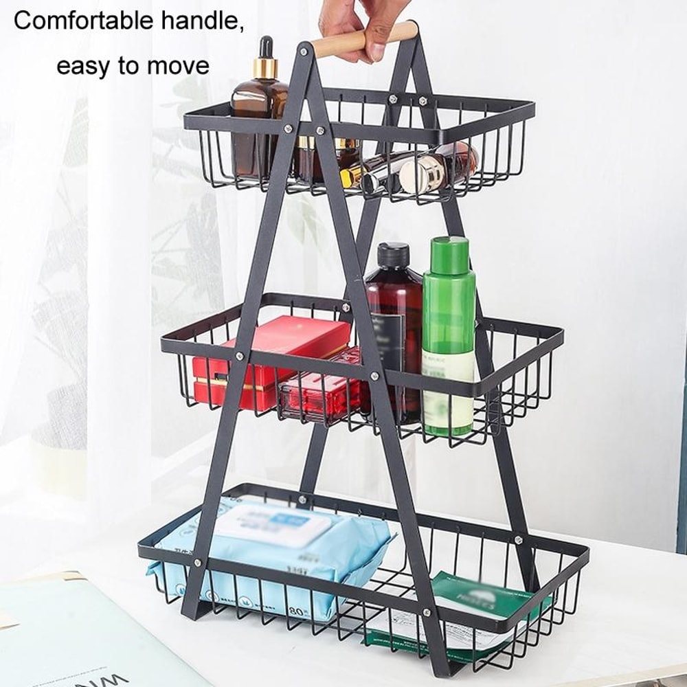 3-Tier Fruit Basket Organizer with Wooden Handle for Kitchen Counter Storage