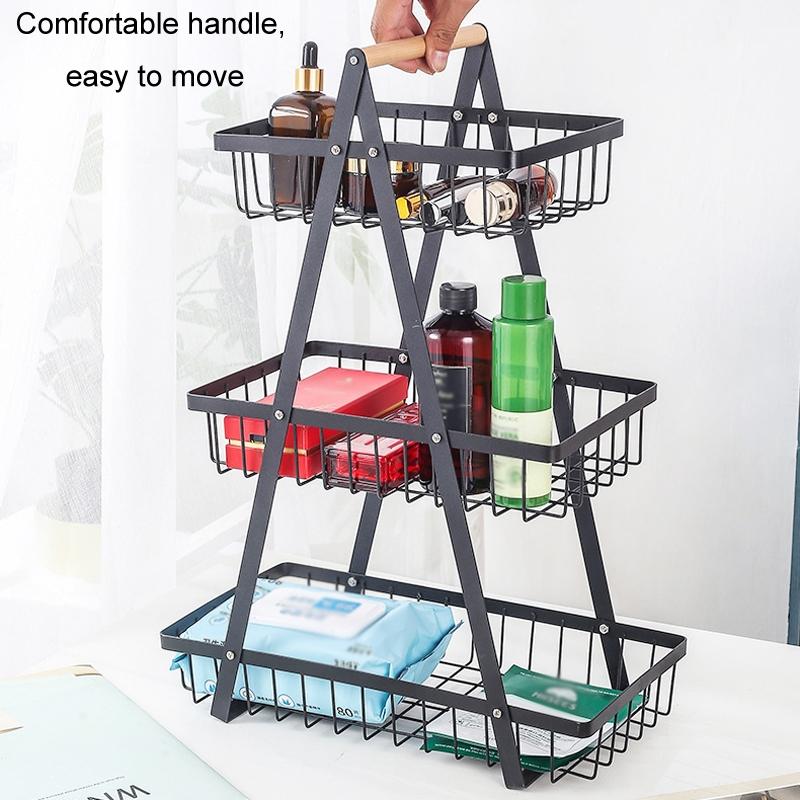 3-Tier Fruit Basket Organizer with Wooden Handle for Kitchen Counter Storage