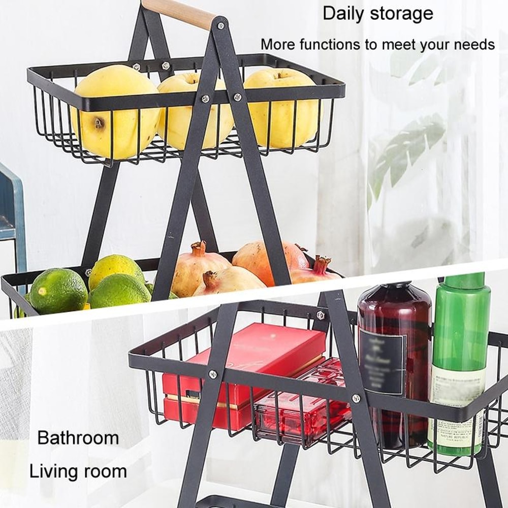 3-Tier Fruit Basket Organizer with Wooden Handle for Kitchen Counter Storage