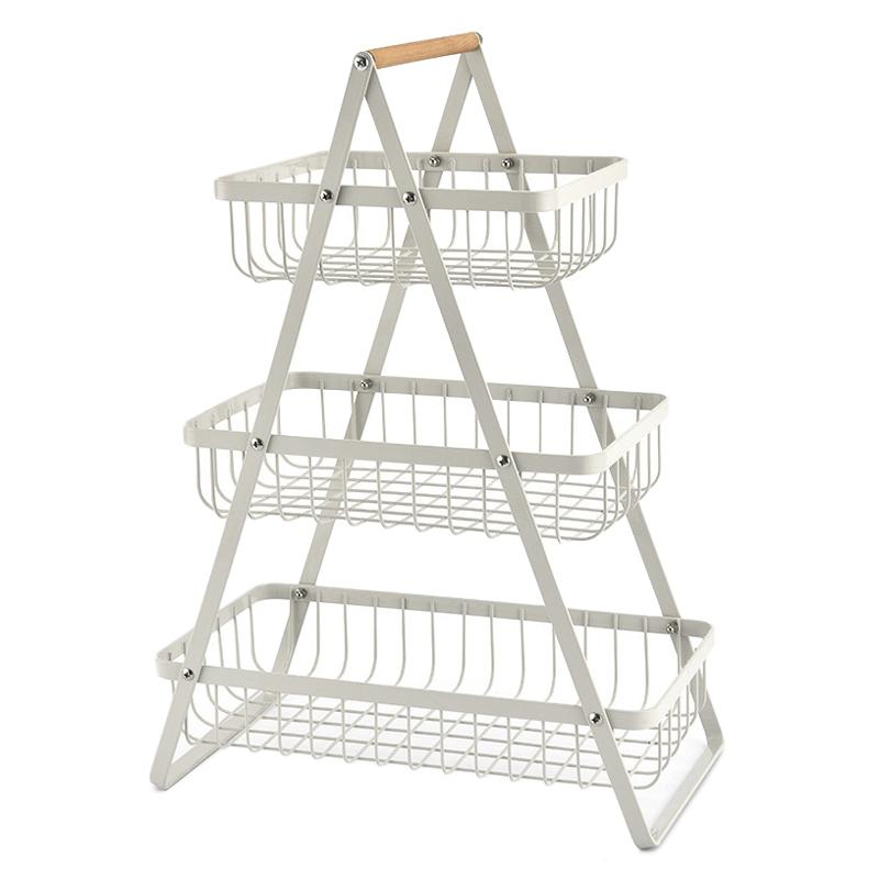 3-Tier Fruit Basket Organizer with Wooden Handle for Kitchen Counter Storage