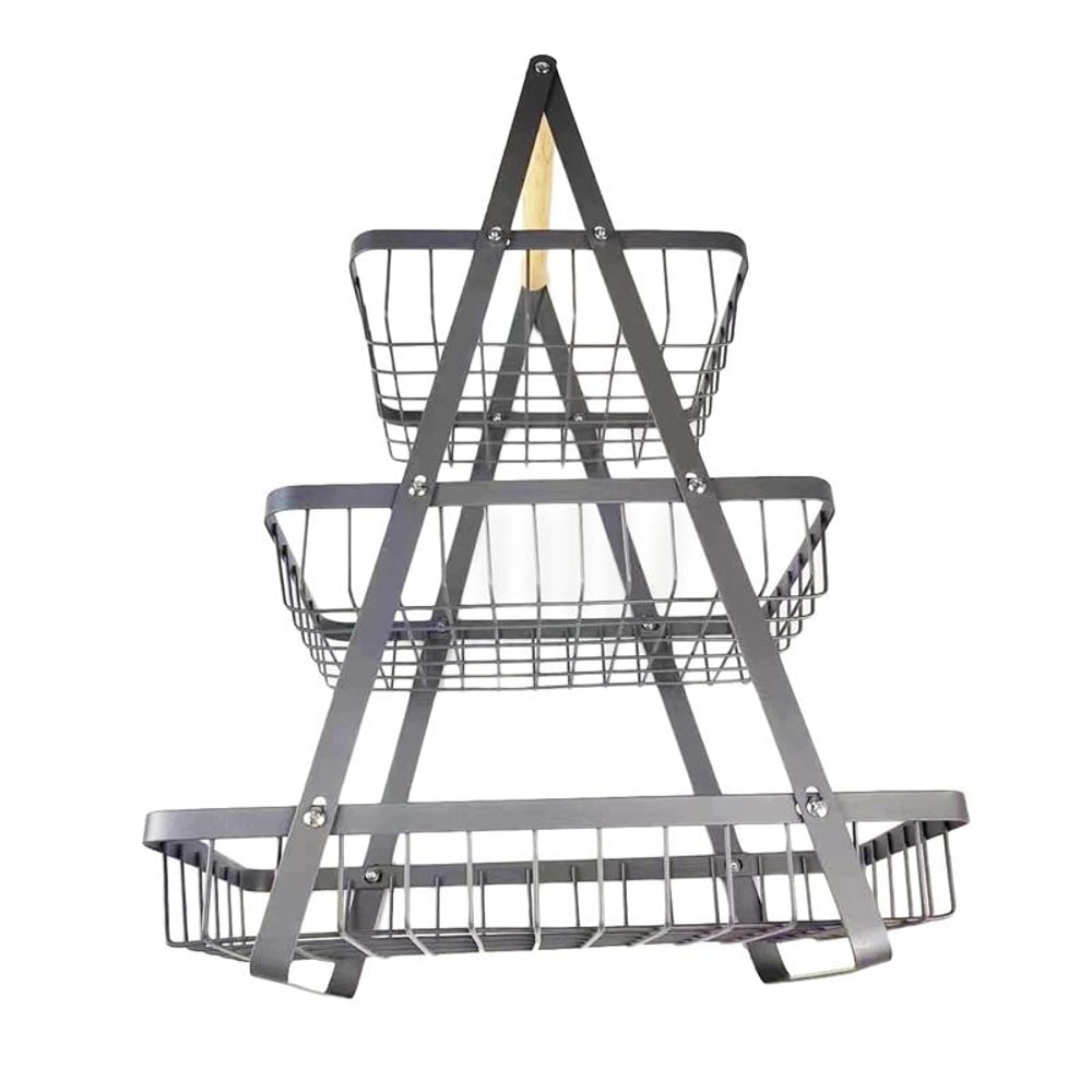 3-Tier Fruit Basket Organizer with Wooden Handle for Kitchen Counter Storage