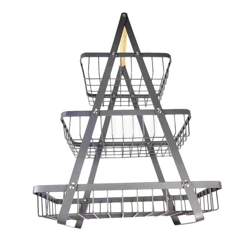 3-Tier Fruit Basket Organizer with Wooden Handle for Kitchen Counter Storage