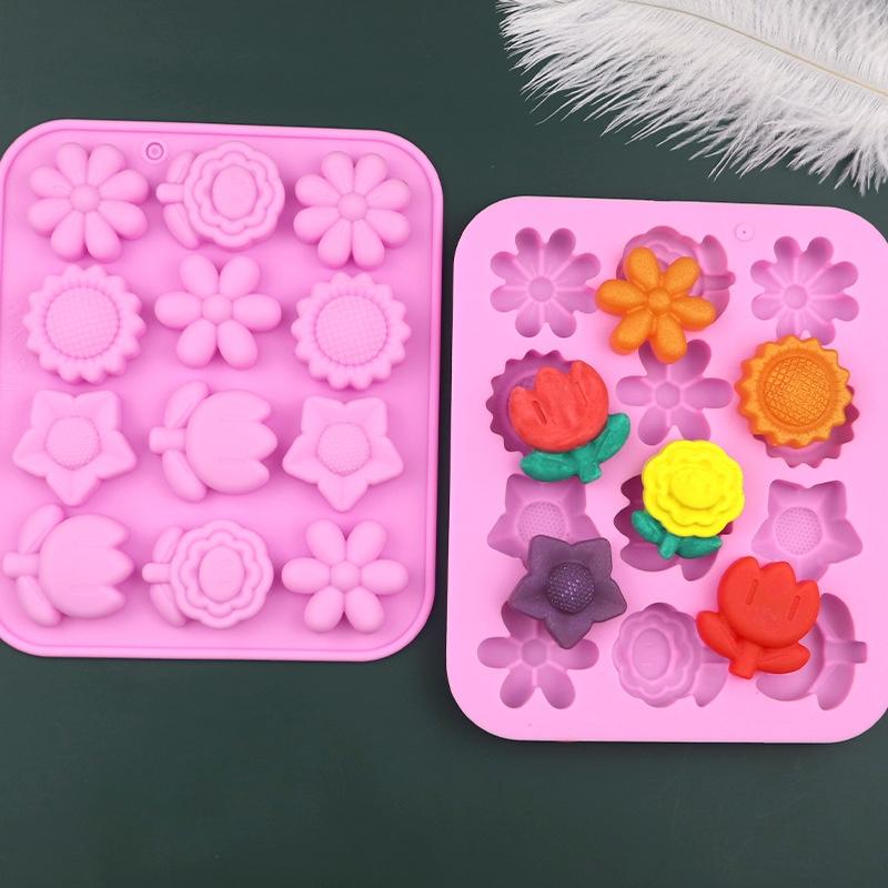 12-Cavity Silicone Soap Mold & Flower Cake Baking Tray for DIY Chocolates, Jelly and Desserts