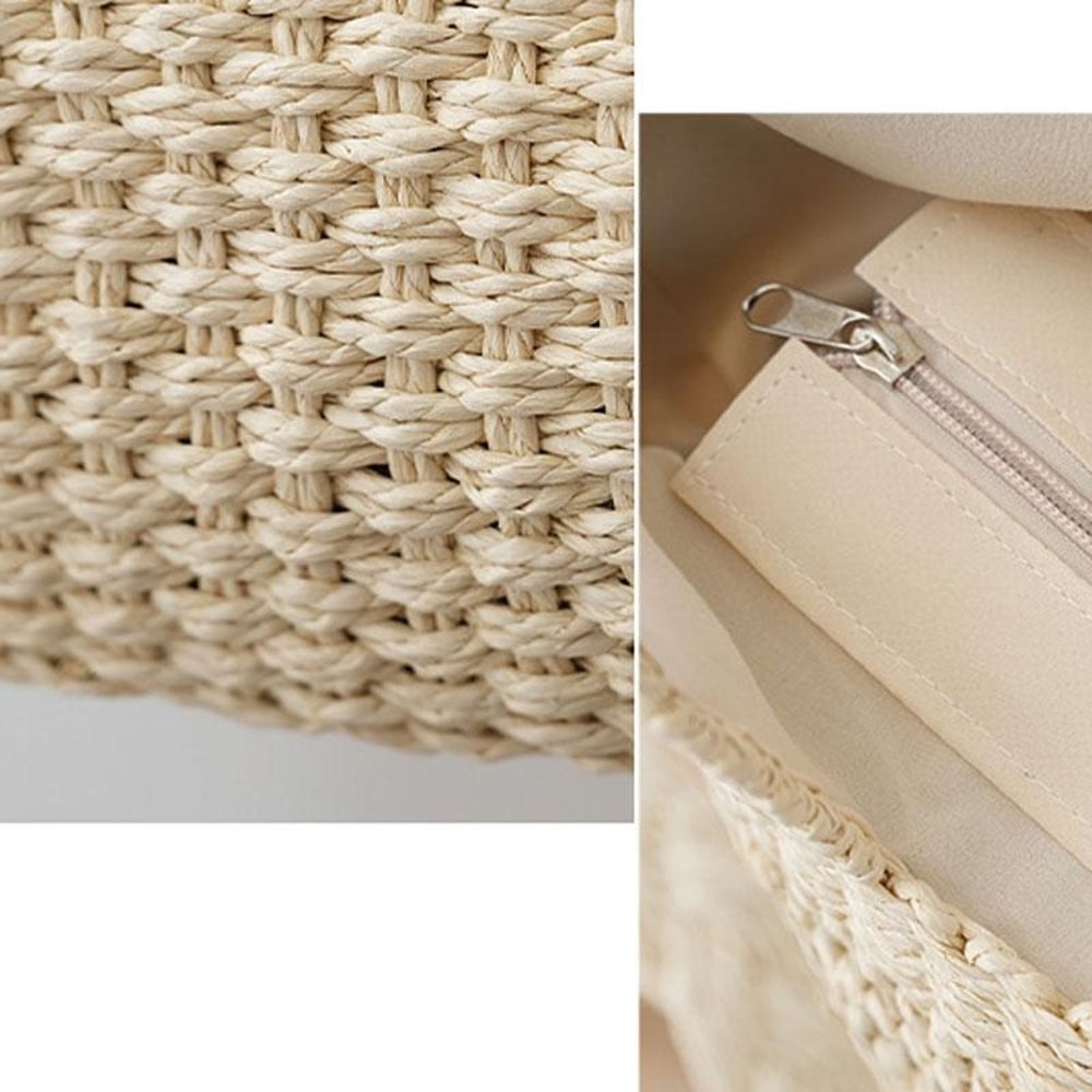 Boho Straw Tote Bag With Zipper Lining Large Capacity Woven Shoulder Purse 6