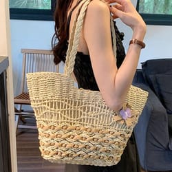 boho straw tote bag with zipper lining large capacity woven shoulder purse