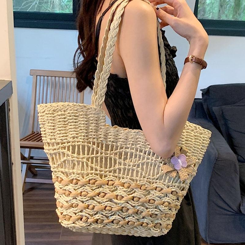 Boho Straw Tote Bag With Zipper Lining Large Capacity Woven Shoulder Purse 0