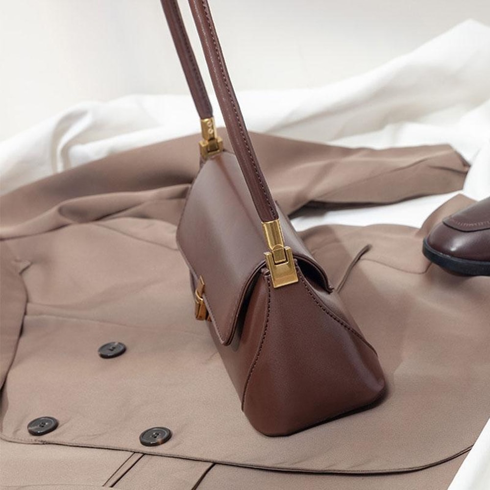 Vintage Lock Buckle Baguette Shoulder Bag For Women Stylish PU Leather Underarm Purse 5