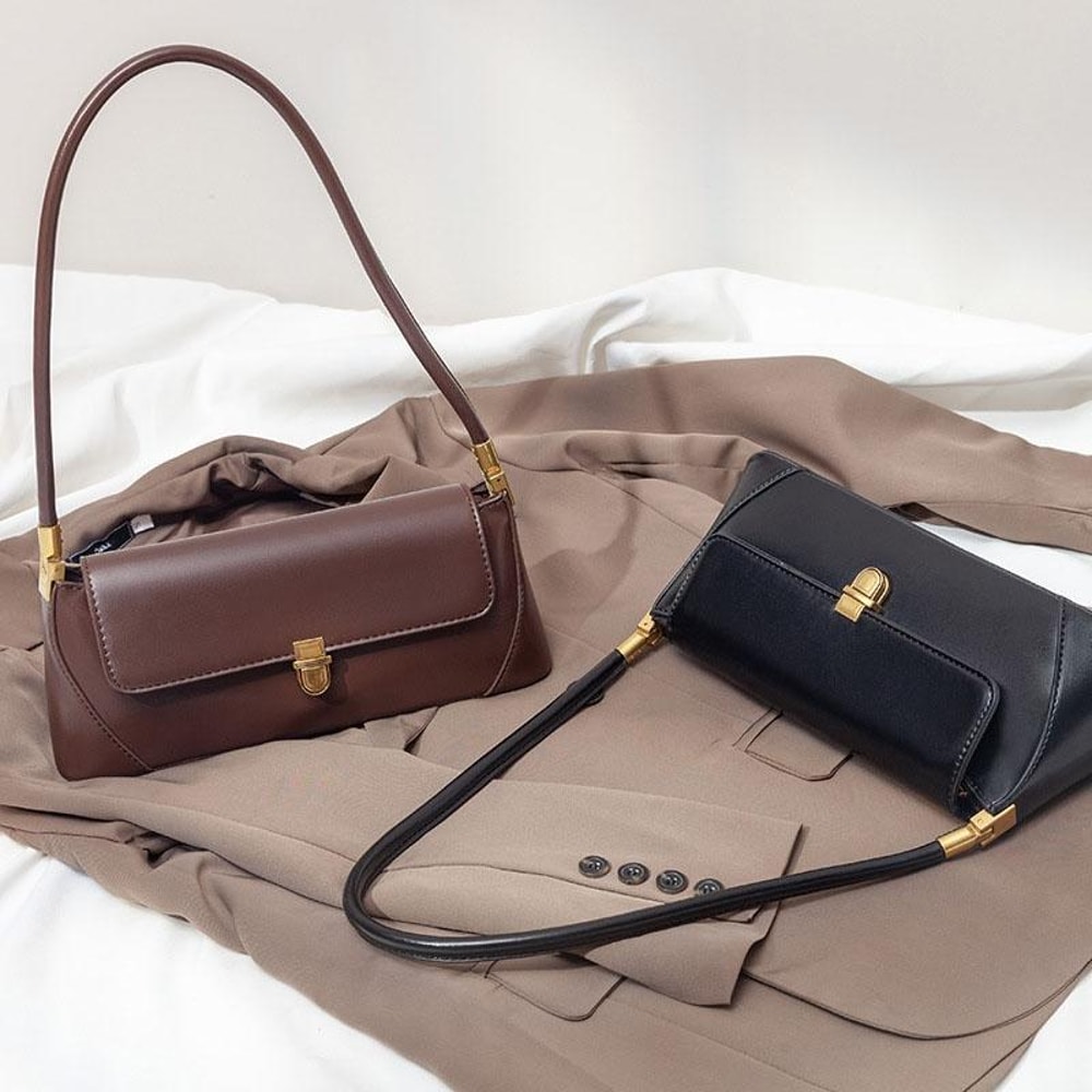 Vintage Lock Buckle Baguette Shoulder Bag For Women Stylish PU Leather Underarm Purse 6
