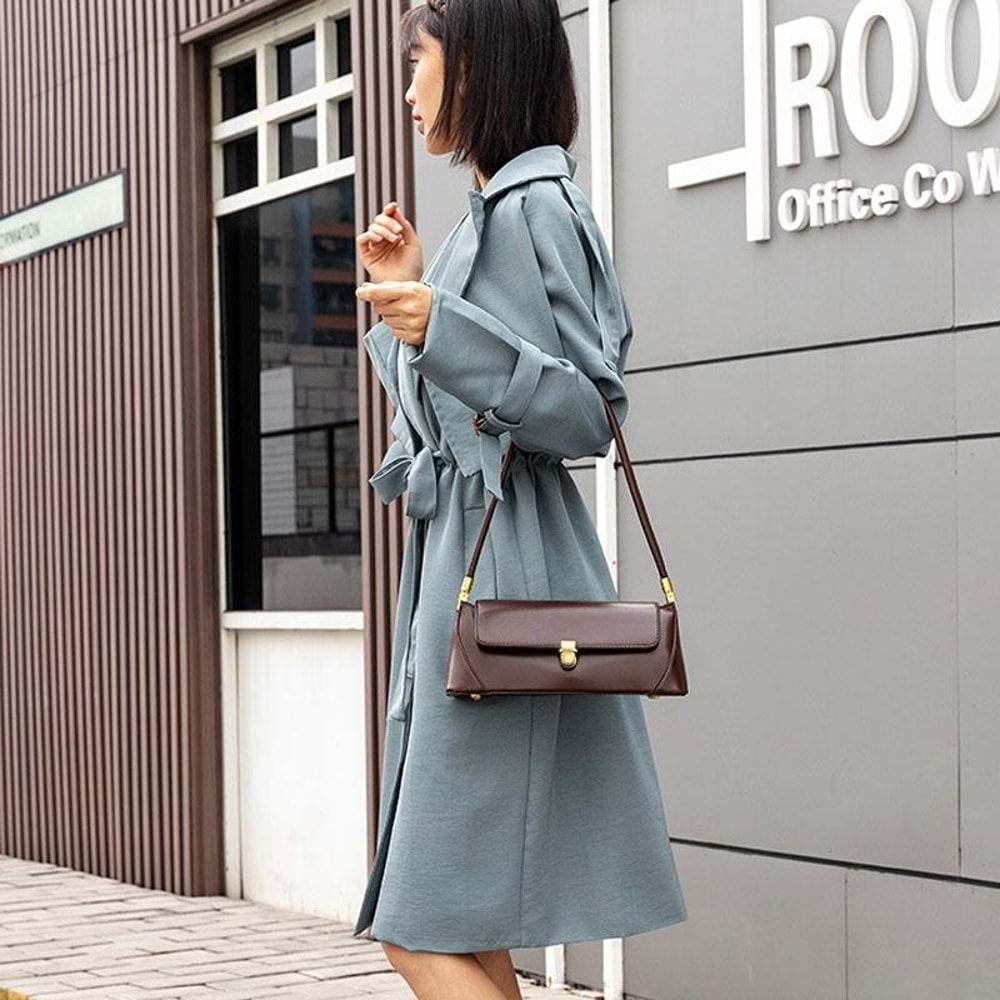 Vintage Lock Buckle Baguette Shoulder Bag For Women Stylish PU Leather Underarm Purse 2