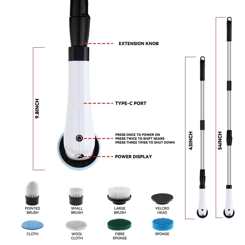 Cordless Electric Spin Scrubber With Extension Handle 7 Cleaning Heads 2