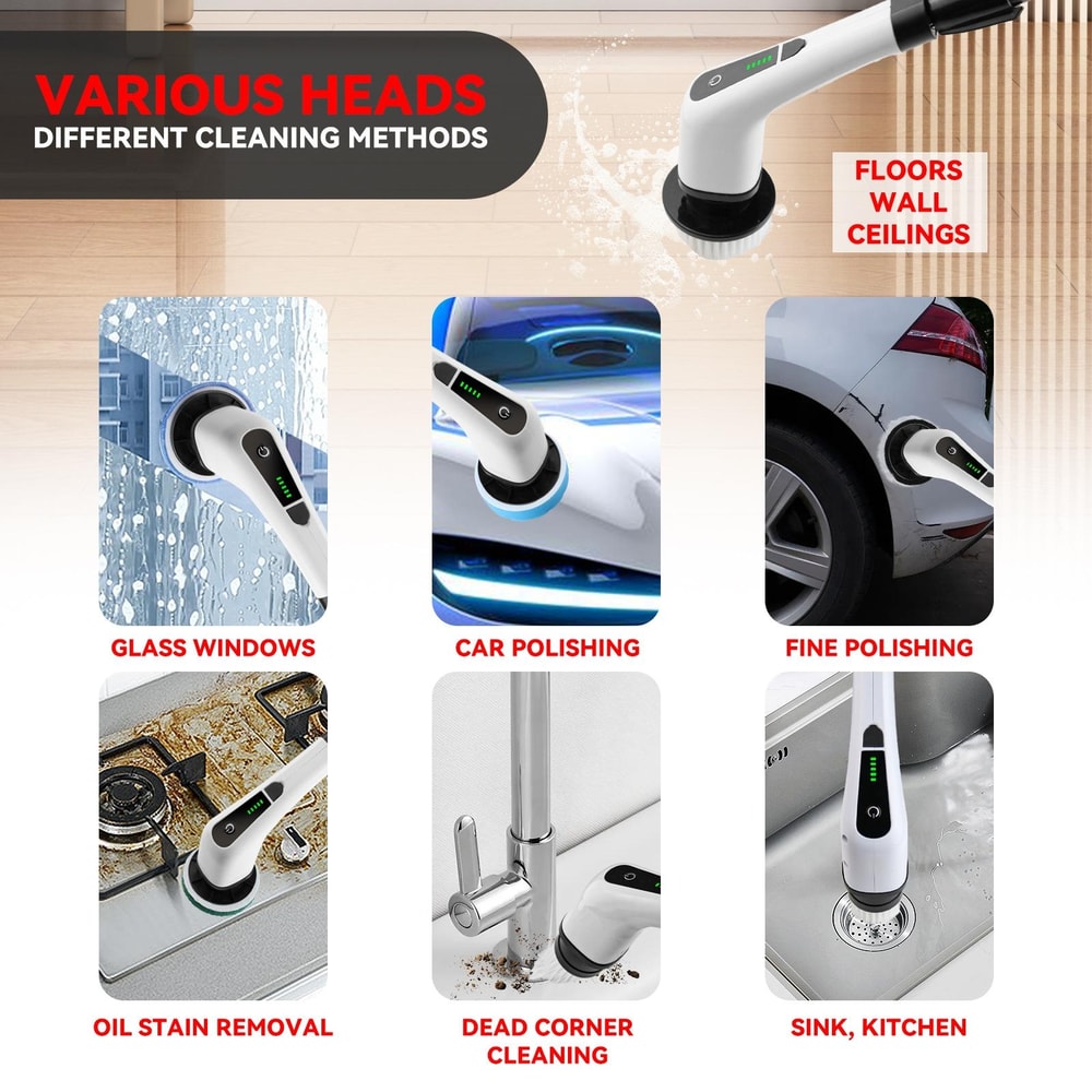 Cordless Electric Spin Scrubber With Extension Handle 7 Cleaning Heads 7