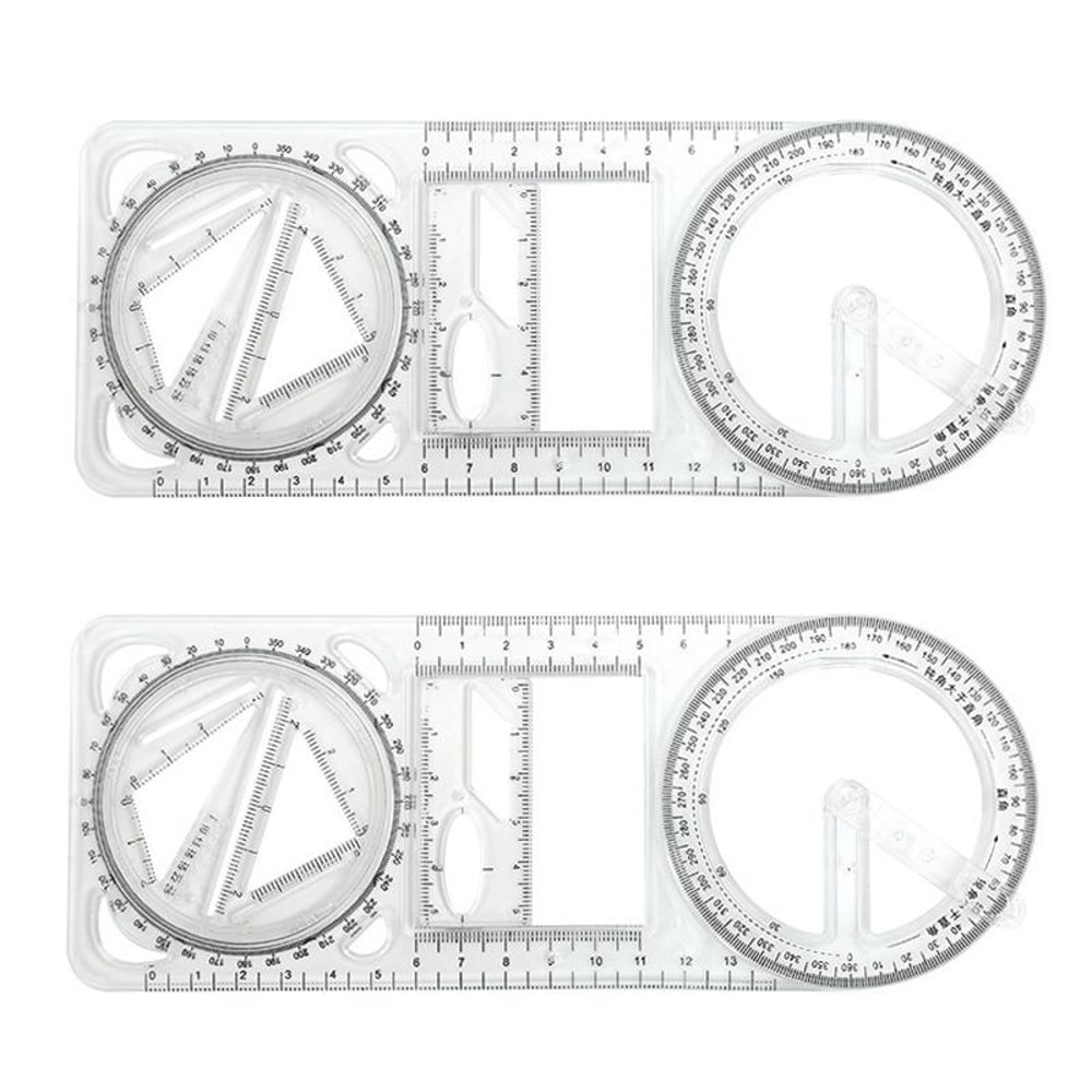 2PCS Multifunctional Drawing Ruler Set with Rotating Protractor and Geometric Drawing Templates