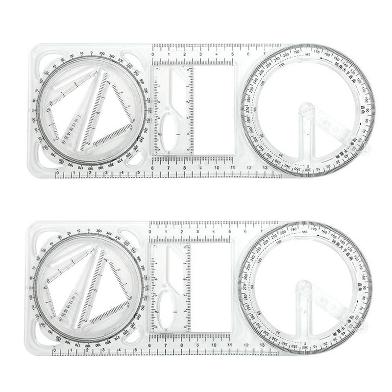 2PCS Multifunctional Drawing Ruler Set with Rotating Protractor and Geometric Drawing Templates